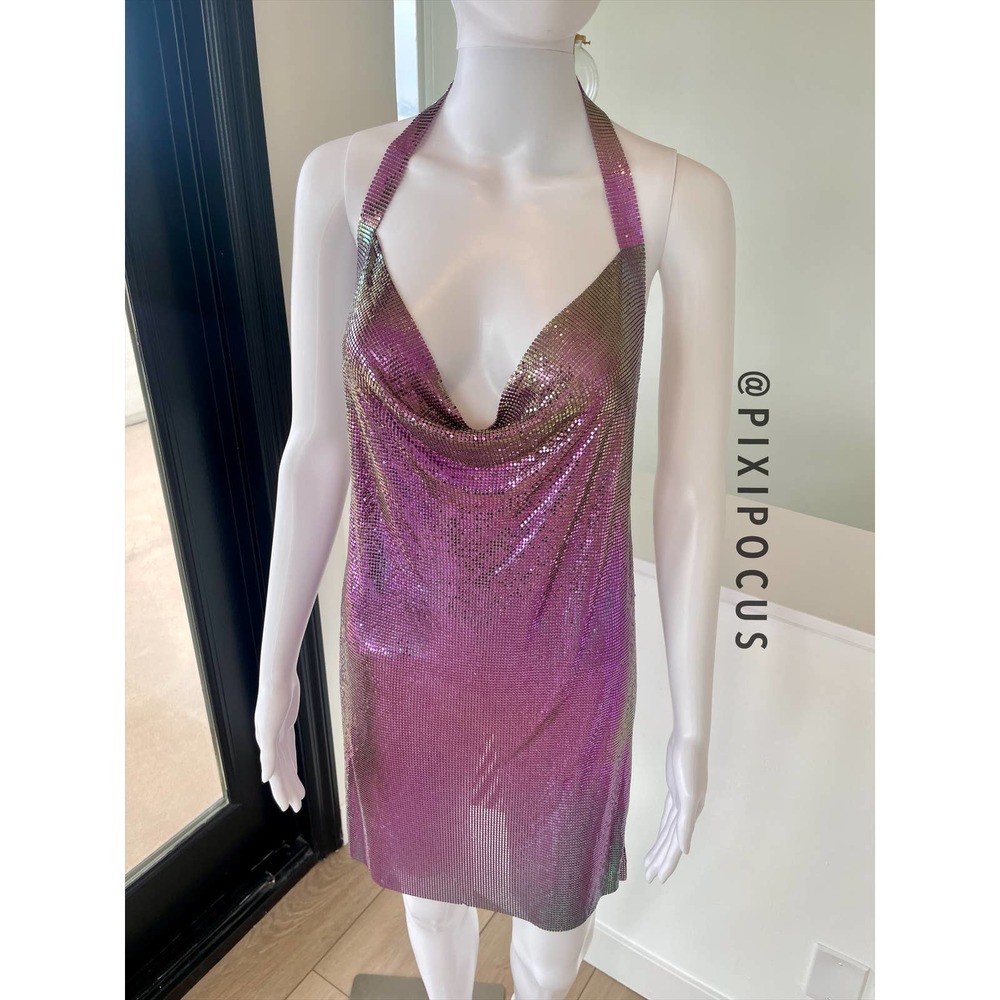 ZARA SPARKLY DUO CHROME METALLIC CHAIN MAIL HALTER MINI DRESS - Picture 9 of 14
